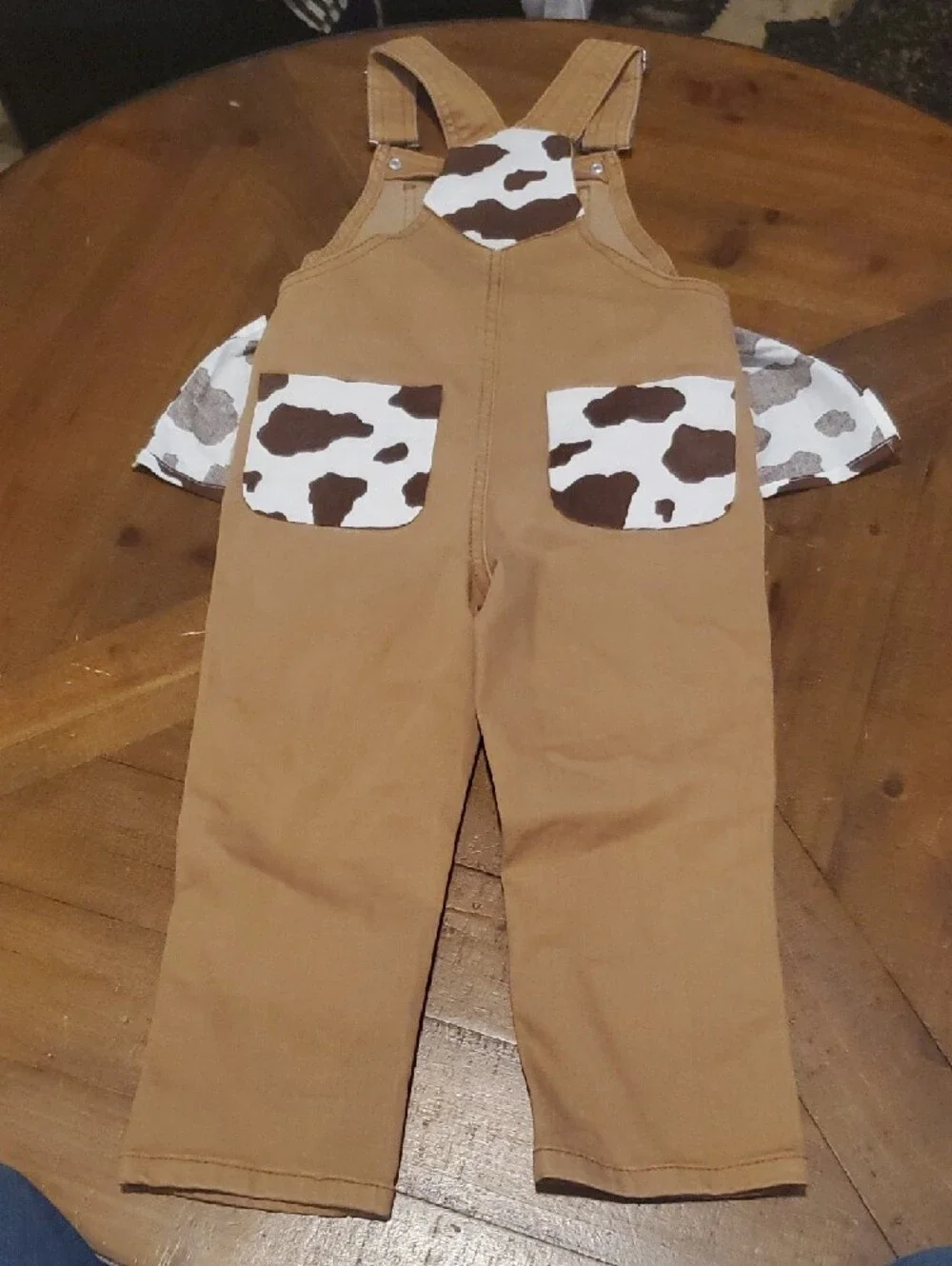wonder nation Tan Overalls with Brown & White Cow Print